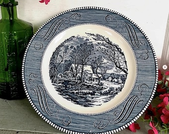 Vintage Currier & Ives Old Grist Mill Blue Transferware Dinner Plate Royal Ohio USA