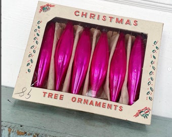 Vintage Christmas Ornaments Long Teardrop Icicle Glass Hot PINK Magenta Jewel Tone Color Poland Box Set of 6