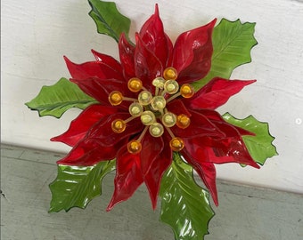 Vintage Christmas Poinsettia Acrylic Lucite Decoration Red Flower Marked 1968 CK Ind Co Ltd. Joseph Markovits Design Battery Operated Light