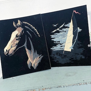 Vintage Paint By Number Painting Black Velvet Horse Portrait Ship Water CHOICE ONE