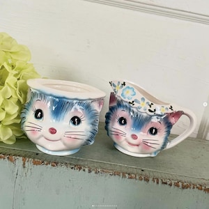 Vintage Lefton Miss Priss Blue Kitty Cat Anthropomorphic Sugar Bowl Creamer 1508 Foil Stickers NO LID