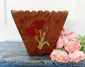 Vintage Wood Basket Planter Folk Art Hand Carved Painted Flowers 1945 Farmhouse Home Unique