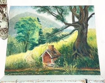 Vintage Landscape Painting Small Tiny House Big Tree Leaves Grass Meadow Mountain Green Blue Brown Canvas Board Unframed Dated 1937