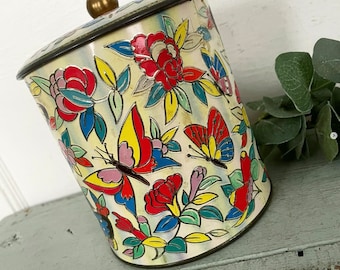 Vintage Tin Canister Daher New York England Butterfly Flowers Floral Yellow Orange Embossed