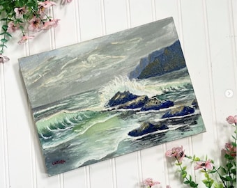 Vintage Naive Painting Water Seascape Scenery Blues Greens Stretched Canvas Signed Lambert