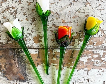 Vintage Murano Style Glass Flower Stems White Yellow Orange Tulip Rose Art Sculpture SET OF 4 Imperfect