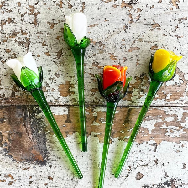 Vintage Murano Style Glass Flower Stems White Yellow Orange Tulip Rose Art Sculpture SET OF 4 Imperfect