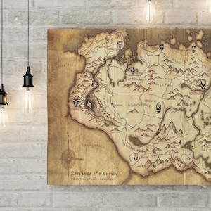 Impresión de mapa de Skyrim, mapa de The Elder Scrolls, lienzo con mapa de Tamriel, póster de la provincia de Skyrim, mapa de arte del juego, póster de juego de regalo, arte de pared vintage