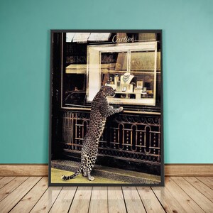 Panther in the Jewelry Shop Poster, Cheetah Print, Vintage Photography Fashion Print, 1950 Wall Art Vintage Poster Colored