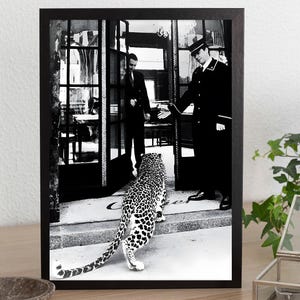 Retro Vintage Panther in Restaurant Print - Old Fashion Photography Canvas Wall Art Decor - Black and White Framed Trendy Leopard Jaguar