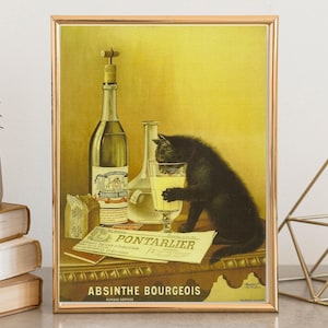 アブサンを飲む猫のウォールアート、ヴィンテージアルコールポスター、古いフランス語、アブサンブルジョワプリント、レトロな装飾、トレンディなポスター、バーカートプリント