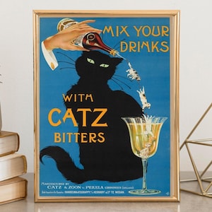 Catz Bitters Print, Vintage Getränke Poster, Schwarze Katze Wandkunst, Bar Wanddekor, Spirituosen, DIGITALER DOWNLOAD, DRUCKBARE Wandkunst