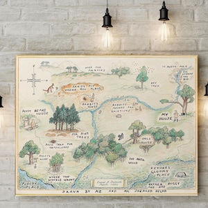 Mappa appesa in tela con cartoni animati, mappa in legno da 100 acri, decorazione da parete per la stanza dei bambini