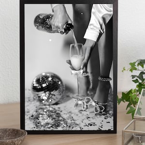 Disco Ball Champagne Poster, Bar Cart Print, Black and White, Funky Trendy Wall Art, Disco Party Decor, Cocktail Wall Art, Vintage Bar Print