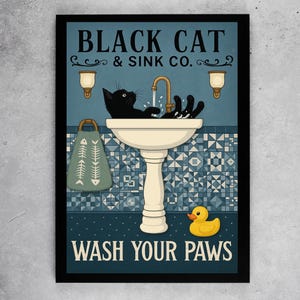 Impressão em tela de patas de gato preto: decoração vintage para banheiro