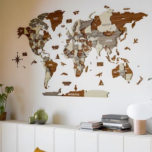 3D houten wereldkaart | Houten wanddecoratie | Grote muurkunst | Moderne handgemaakte wereldkaart, decoratieve houten kaart, woonkamerdecor, koffiekleur