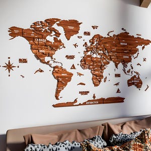 3D Weltkarte aus Holz | Holzwanddekor | Großes Wandbild | Moderne handgemachte Weltkarte, dekorative Holzkarte, Wohnzimmerdekor, Kaffeefarbe