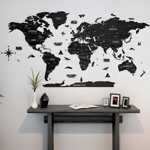 3D houten wereldkaart | Houten wanddecoratie | Grote muurkunst | Moderne handgemaakte wereldkaart, decoratieve houten kaart, woonkamerdecor, donkere kleur