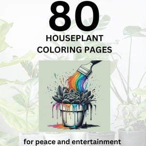 Op de afbeelding: 80 kleurplaten met kamerplanten voor rust en entertainment. Een kleurrijk kwastje druppelt verf op een plant in een pot. De verf is regenboogkleurig en de pot is wit.