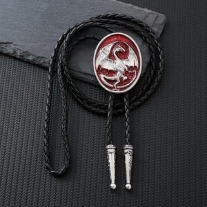 Red Dragon Bolo Tie, Dragon Brooch, Copper Enamel String Tie, Wedding Gift, Dragon Art for Man, Gift for Her, Anniversary Gift