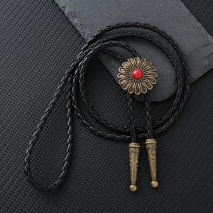 Women Floral Bolo Tie, Handcrafted Floral Bolo Ties, Bolo Tie for Her, Red Stone Bolo Ties with Leather Cord, Mother&#39;s Day Gifts