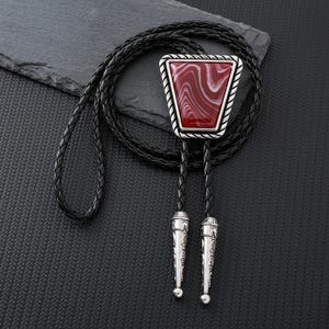Handmade Red Stone Bolo Tie - Gifts for Her, Women&#39;s Necklace, Trapeze Denim Pink Bolo Tie, Leather Cord Lasso - Anniversary Gift