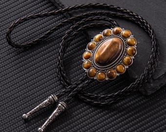 Corbata bolo floral artesanal con piedra de ojo de tigre, corbatas bolo para boda, corbata bolo para pareja, cordón de cuero, regalo de San Valentín para ella.