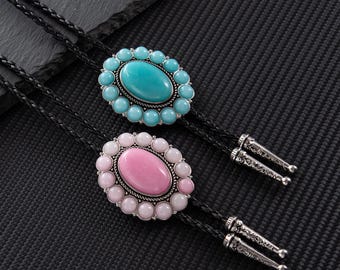 Corbatas de bolo para boda, corbatas de bolo para mujer, corbatas de bolo florales artesanales con piedra rosa y cordón de cuero, regalo de San Valentín para tu novia.