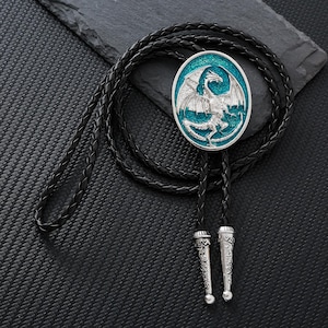 Blue Dragon Bolo Tie, Dragon Brooch, Copper Enamel String Tie, Wedding Gift, Dragon Art for Man, Gift for Her, Anniversary Gift