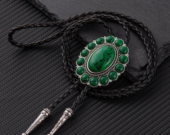 Corbatas de bolo para boda, corbata de bolo para pareja, corbata de bolo floral hecha a mano con piedra verde, cordón de cuero, regalo de San Valentín para ella