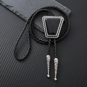 Bolo Tie, Black Stone Bolo Tie - Gifts for Him, Handcrafted Gemstone-Inspired Bolo Ties, Men&#39;s Bolo Tie, Leather Cowboy Necktie Accessories