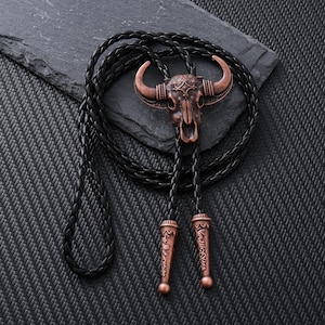 Western Copper Bull Skull Bolo Tie,Bolo Tie with Adjustable Braided Cord, Western Cowboy Bolo Ties, Party Accessories, Anniversary Gifts