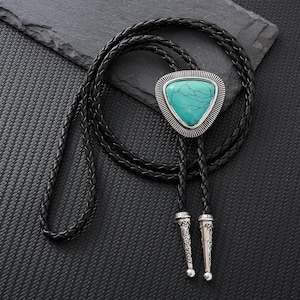 Handmade Stone Bolo Tie - Gifts for Him, Trapeze Denim Bolo Tie Accessories Men&#39;s Necklace, Leather Cord Lasso - Anniversary Gifts