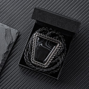 Black Bolo Tie, Handcrafted Gemstone-Inspired Bolo Ties, Black Stone Bolo Tie with Leather Cord,Cowboy Necktie Accessories, Gift for Him