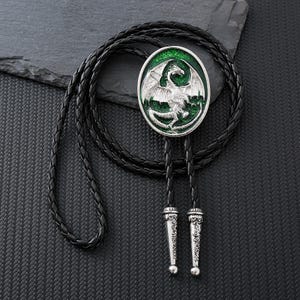 Dragon Bolo Tie, Dragon Necklace, Bolo Tie with Leather Black Cord Woven, Dragon Art for Women, Gift for Her/Him, Anniversary Gift