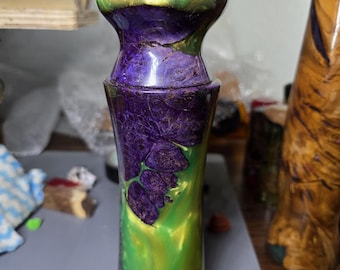 20252  10&quot; Handmade maple burl pepper or salt grinder. Purple infused heat cured with green and blue river colors of resin.
