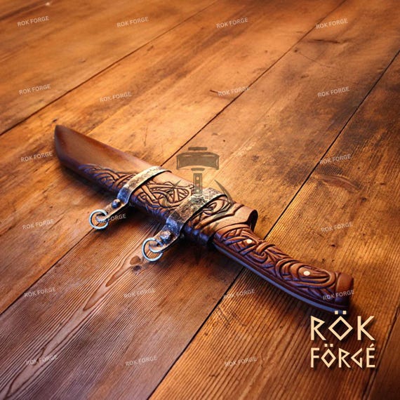 Hand Forged Viking Seax Knife With Wooden Scabbard, Unique Viking