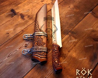 Hand Forged Viking Seax Knife With Wooden Scabbard, Unique Viking