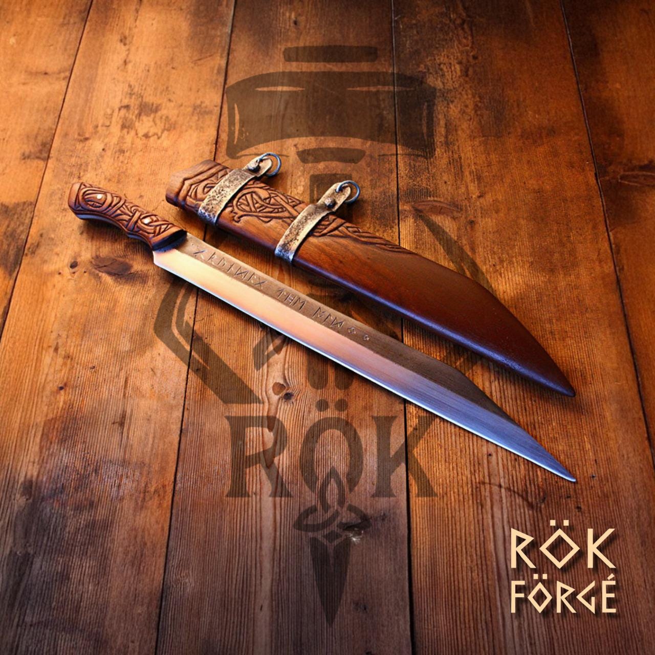 Hand Forged Viking Seax Knife With Wooden Scabbard, Unique Viking Hand Forged Viking Seax Knife With Wooden Scabbard, Unique Viking