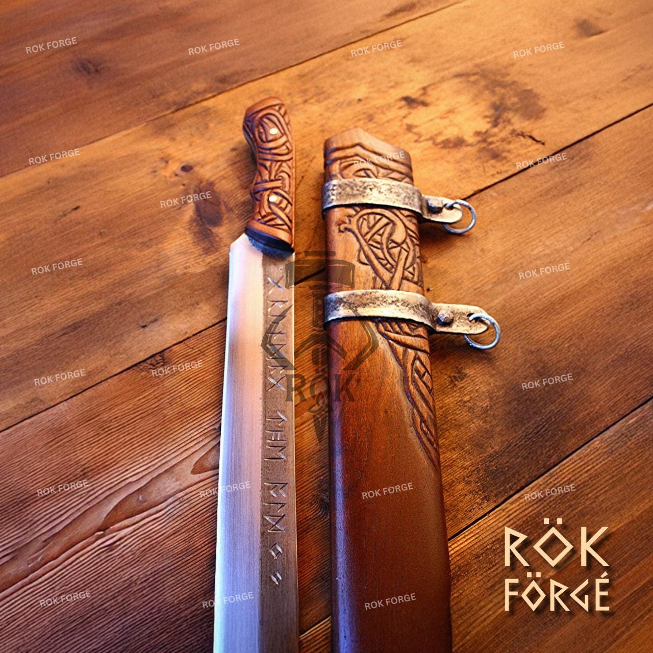 Hand Forged Viking Seax Knife With Wooden Scabbard, Unique Viking