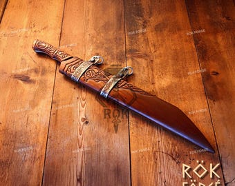 Hand Forged Viking Seax Knife With Wooden Scabbard, Unique Viking