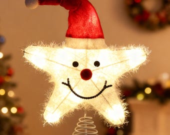 Smiling Star Tree Topper, Lighted Christmas Tree Topper, Santa Hat Tree Topper, Cute Christmas Star Topper,LED Star Tree Topper,Holiday Star
