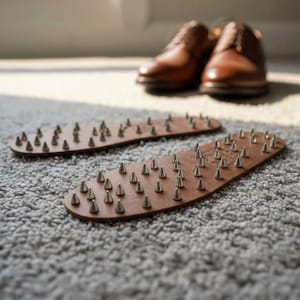 Op de afbeelding: Twee bruine leren schoenzolen met metalen spikes worden getoond op een grijs tapijt, met een paar bruine leren schoenen op de achtergrond. De zolen zijn ontworpen met talrijke zilverkleurige spikes.