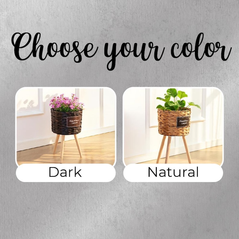 May include: The image presents two plant stands, each with a woven basket planter on wooden tripod legs. One stand holds a dark brown basket with pink flowers, the other a natural basket with green plants. Text reads "Choose your color".