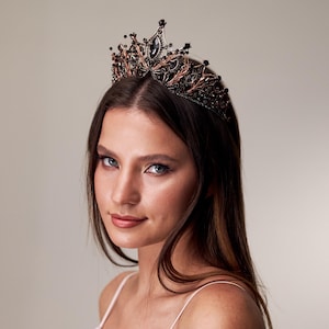May include: An ornate crown with black and copper-toned detailing. The crown has a central dark gemstone and elaborate filigree patterns. The headpiece is worn by a person with long, dark hair and blue eyes.