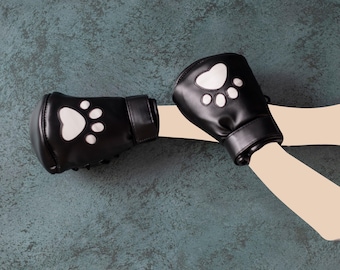 Set of leather fist mitts, Animal pads, Black safety mittens, Bondage mitts, Soft padded mittens, Restraining mittens, Hand restraints, Mature