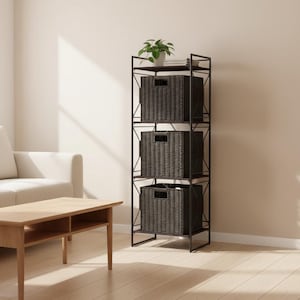 May include: A black metal storage shelf with three woven baskets. A small potted plant sits on the top shelf. The shelf is in a living room setting with a light-colored sofa and coffee table.
