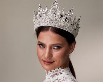Corone per matrimoni reali, grande tiara, corona per sposa, tiara nuziale di lusso, corona di strass, corone nuziali in argento per donna, tiara per matrimoni reali