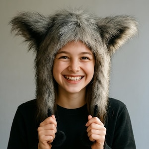 Könnte beinhalten: Ein Hut aus grauem und braunem Kunstfell mit großen, aufrechten Ohren. Der Hut hat eine flauschige Textur. Die Person auf dem Bild trägt ein schwarzes Oberteil und lächelt.