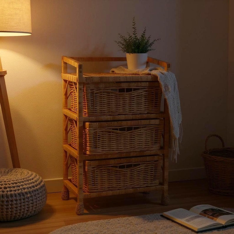 Op de afbeelding: Een opbergkast met drie lades van riet met een houten frame. De kast heeft een natuurlijke, lichtbruine kleur en is bekroond met een kleine plant in een pot en een opgevouwen deken. De lades zijn geweven met een mandachtig ontwerp.